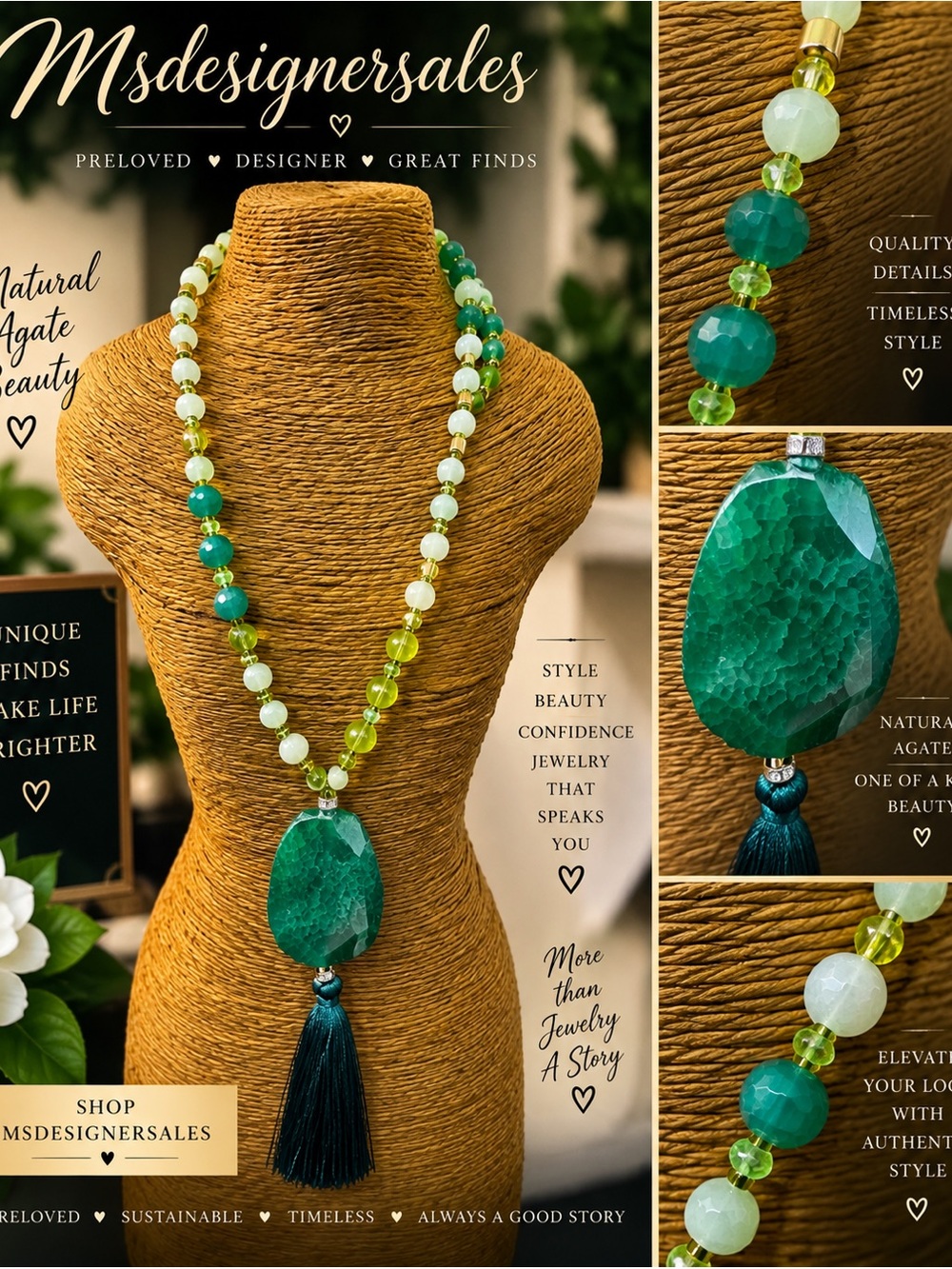 Green Agate Bead Necklace with Tassel -